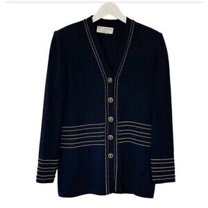 St. John Collection Black Gold Santana Knit V-Neck Cardigan Sweater Top 8/10 Med